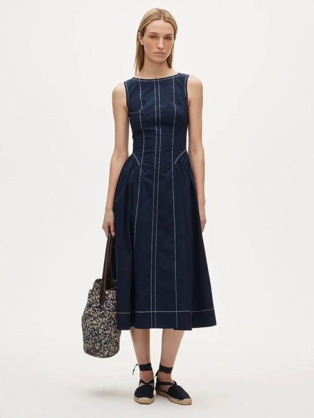 NEW J. Crew Contrast Stitch Midi Dress 8 Navy Blue CU793 Coastal Nautical Y2K